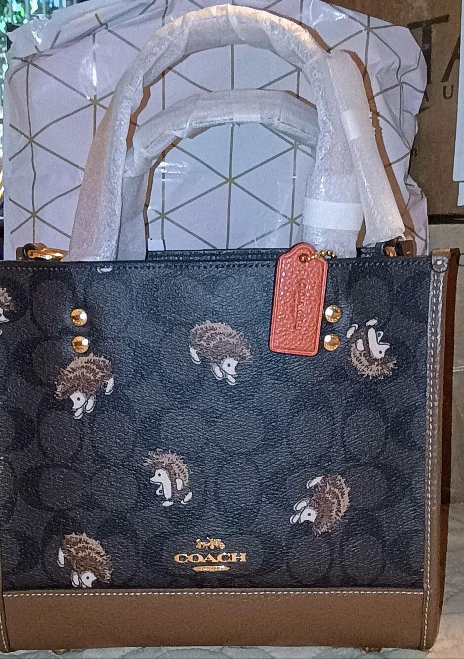 NWT Coach Mini Dempsey Tote Hedgehog Brown Signature Orange Micro NEW